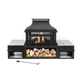 Deko Living 80 Inch Rectangular Outdoor Steel Wood Burning Fireplace w/ Log Storage, Side Tables COB10504